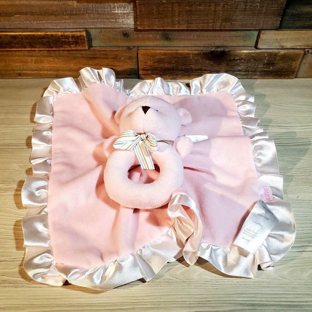 Carters Pink Teddy Bear Rattle Baby Lovey Security Blanket Teether Ring Satin